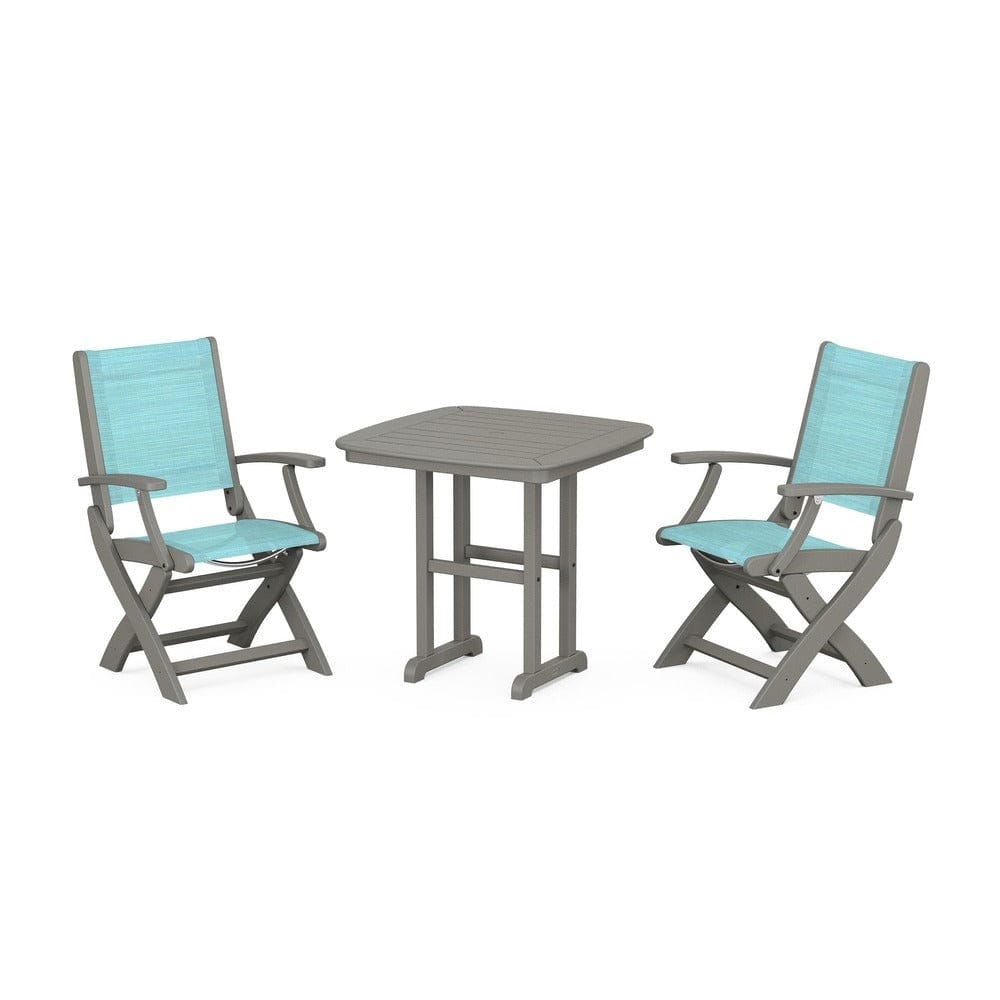 POLYWOOD® Outdoor Furniture Slate Grey / Dupioni Aquamarine Sling POLYWOOD® - Coastal Folding Chair 3-Piece Dining Set - PWS1206