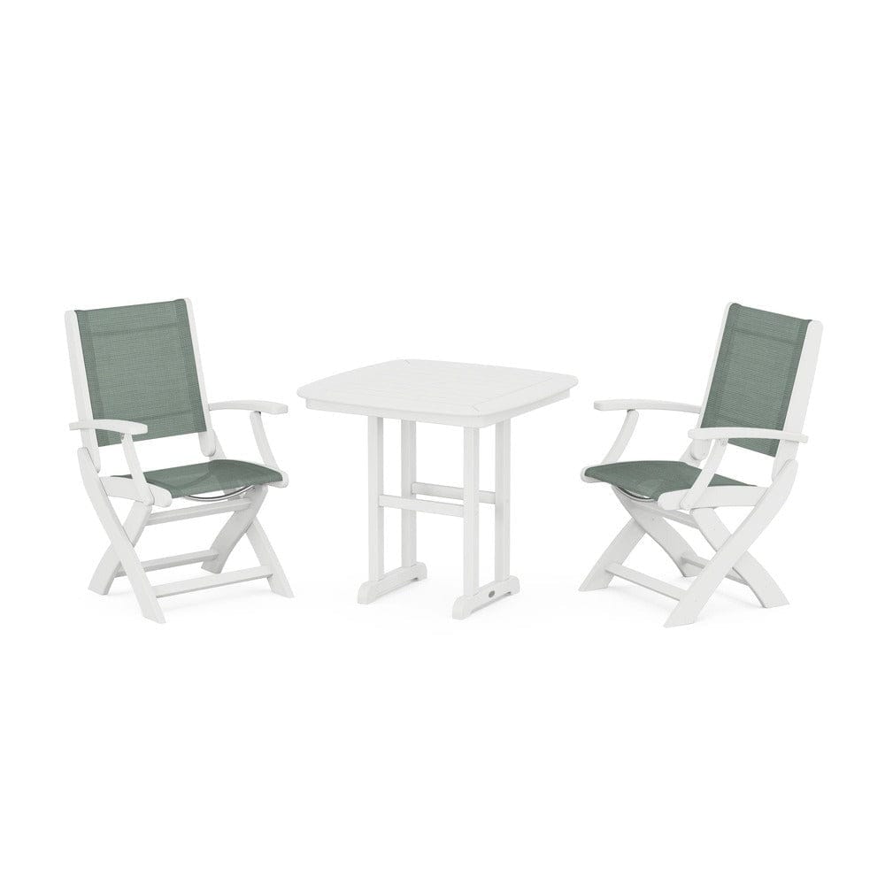 POLYWOOD® Outdoor Furniture White / Dupioni Sea Mist Sling POLYWOOD® - Coastal Folding Chair 3-Piece Dining Set - PWS1206