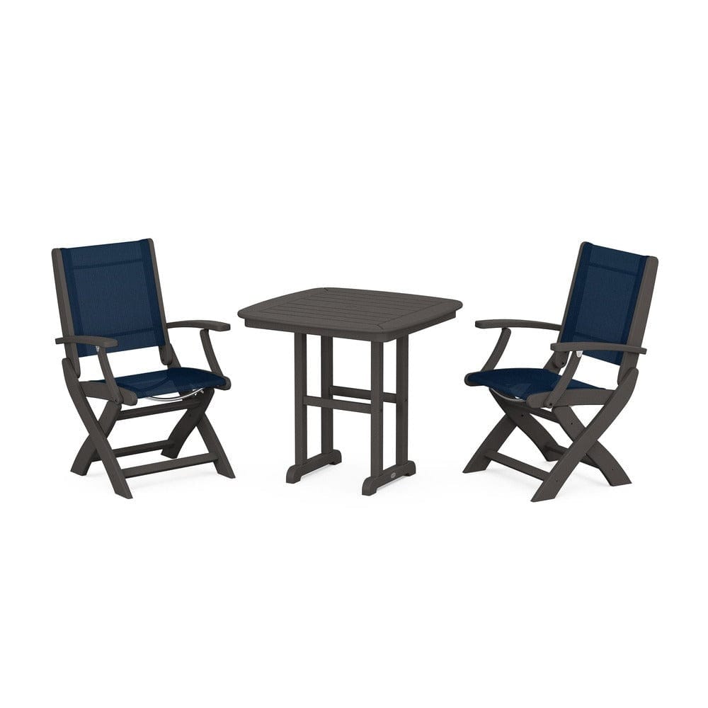 POLYWOOD® Outdoor Furniture Vintage Coffee / Navy Blue Sling POLYWOOD® - Coastal Folding Chair 3-Piece Dining Set - PWS1206