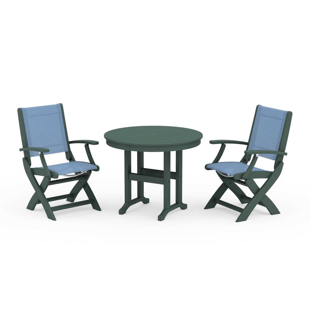 POLYWOOD® Outdoor Furniture Green / Poolside Sling POLYWOOD® - Coastal Folding Chair 3-Piece Round Dining Set - PWS1328