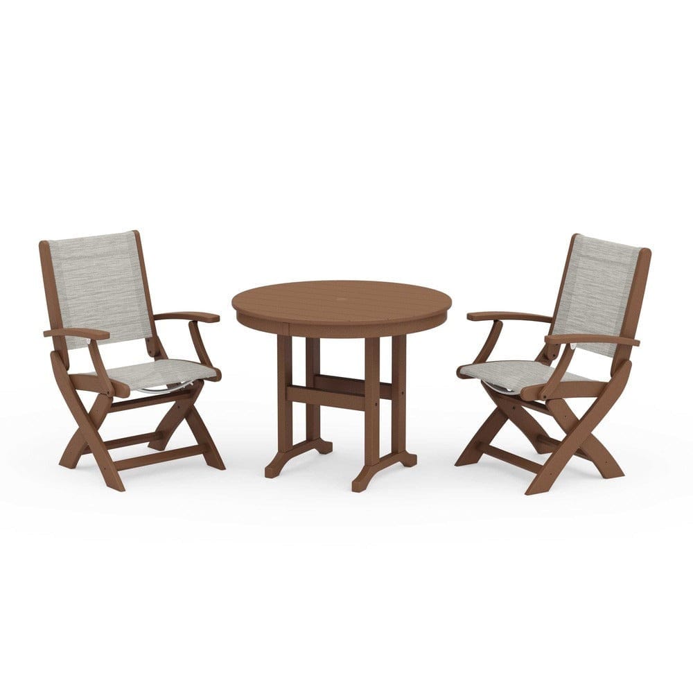 POLYWOOD® Outdoor Furniture Teak / Birch Sling POLYWOOD® - Coastal Folding Chair 3-Piece Round Dining Set - PWS1328