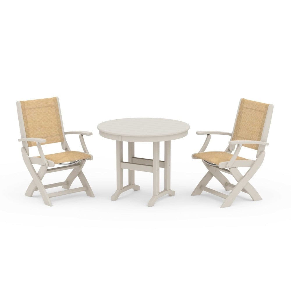 POLYWOOD® Outdoor Furniture Sand / Dupioni Apricot Sling POLYWOOD® - Coastal Folding Chair 3-Piece Round Dining Set - PWS1328