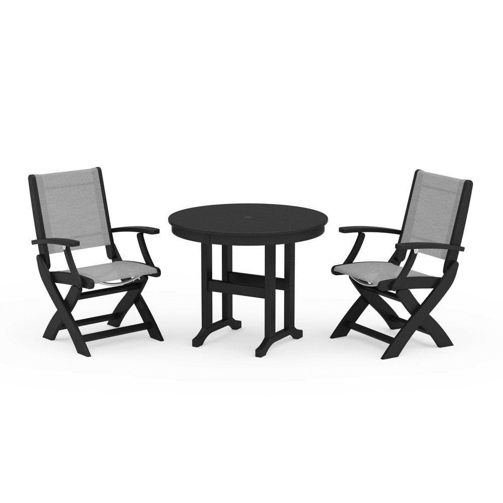 POLYWOOD® Outdoor Furniture Black / Metallic Sling POLYWOOD® - Coastal Folding Chair 3-Piece Round Dining Set - PWS1328