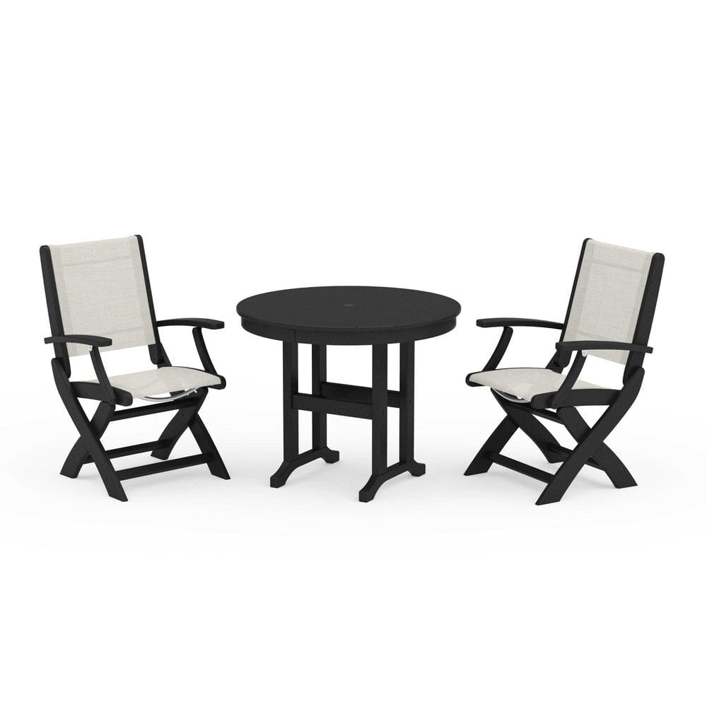 POLYWOOD® Outdoor Furniture Black / Parchment Sling POLYWOOD® - Coastal Folding Chair 3-Piece Round Dining Set - PWS1328