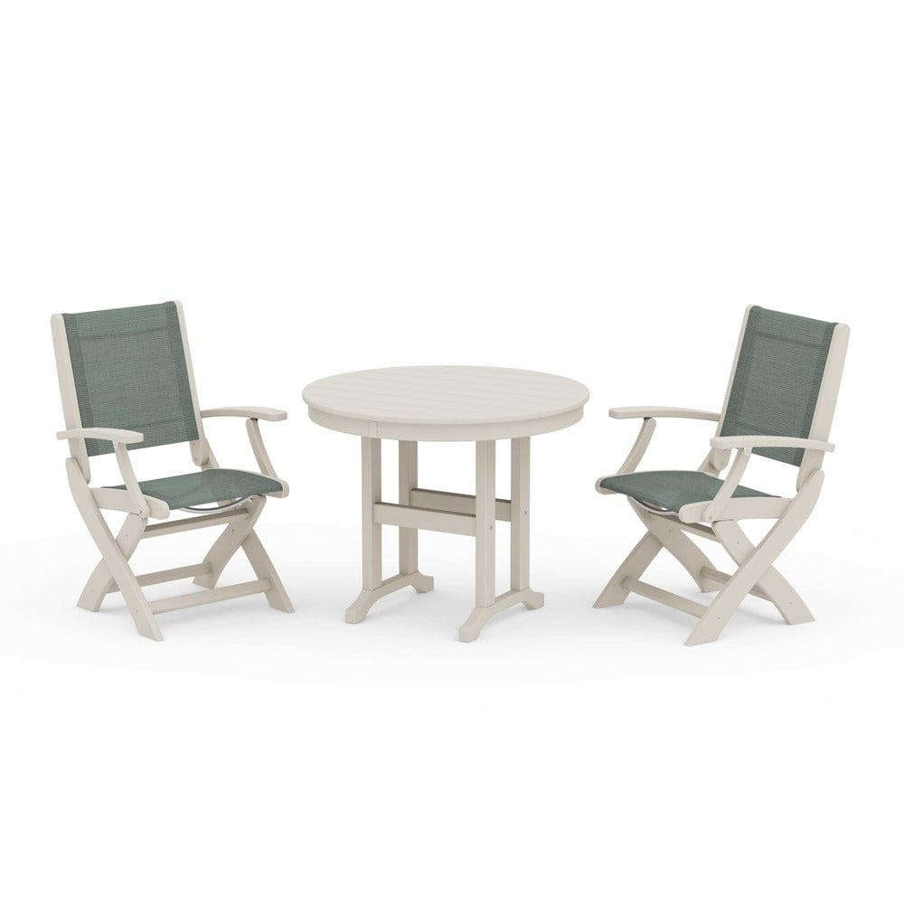 POLYWOOD® Outdoor Furniture Sand / Dupioni Sea Mist Sling POLYWOOD® - Coastal Folding Chair 3-Piece Round Dining Set - PWS1328