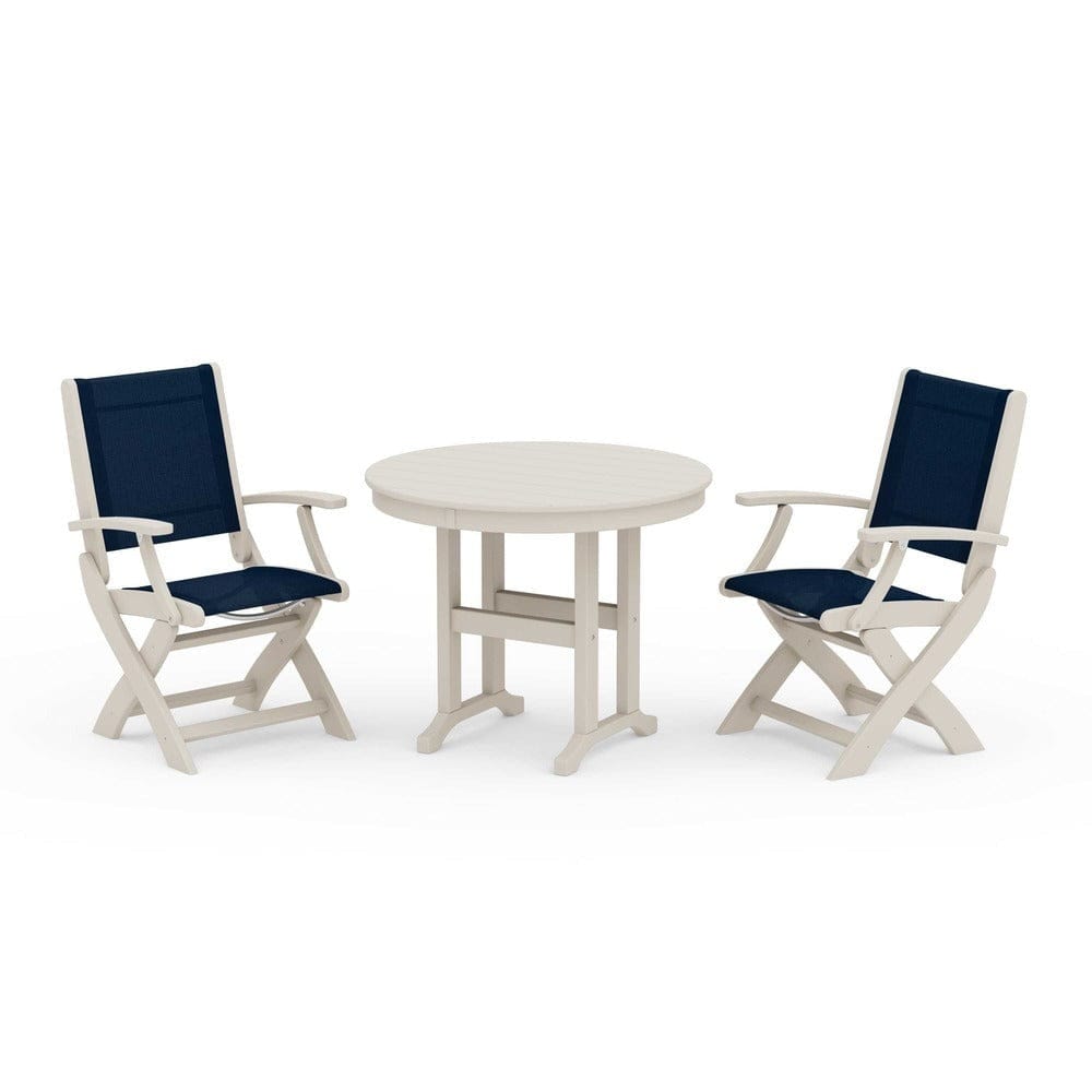 POLYWOOD® Outdoor Furniture Sand / Navy Blue Sling POLYWOOD® - Coastal Folding Chair 3-Piece Round Dining Set - PWS1328