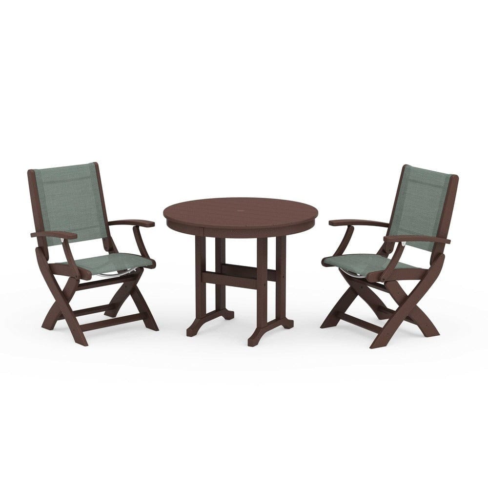 POLYWOOD® Outdoor Furniture Mahogany / Dupioni Sea Mist Sling POLYWOOD® - Coastal Folding Chair 3-Piece Round Dining Set - PWS1328