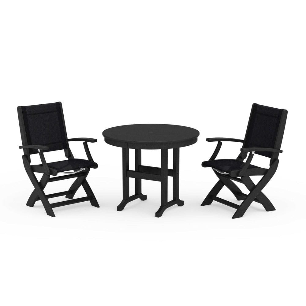 POLYWOOD® Outdoor Furniture Black / Black Sling POLYWOOD® - Coastal Folding Chair 3-Piece Round Dining Set - PWS1328