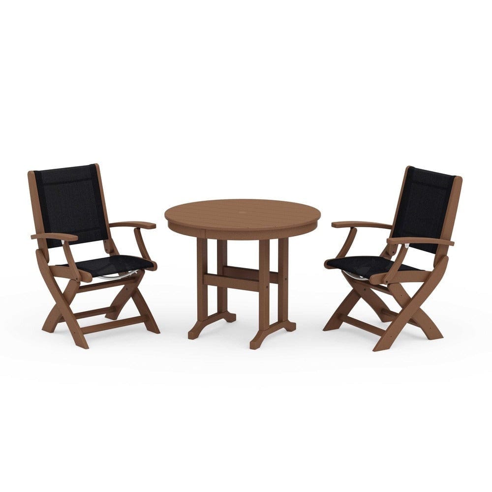 POLYWOOD® Outdoor Furniture Teak / Black Sling POLYWOOD® - Coastal Folding Chair 3-Piece Round Dining Set - PWS1328