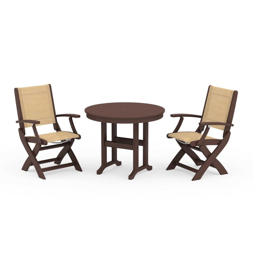 POLYWOOD® Outdoor Furniture Mahogany / Dupioni Apricot Sling POLYWOOD® - Coastal Folding Chair 3-Piece Round Dining Set - PWS1328