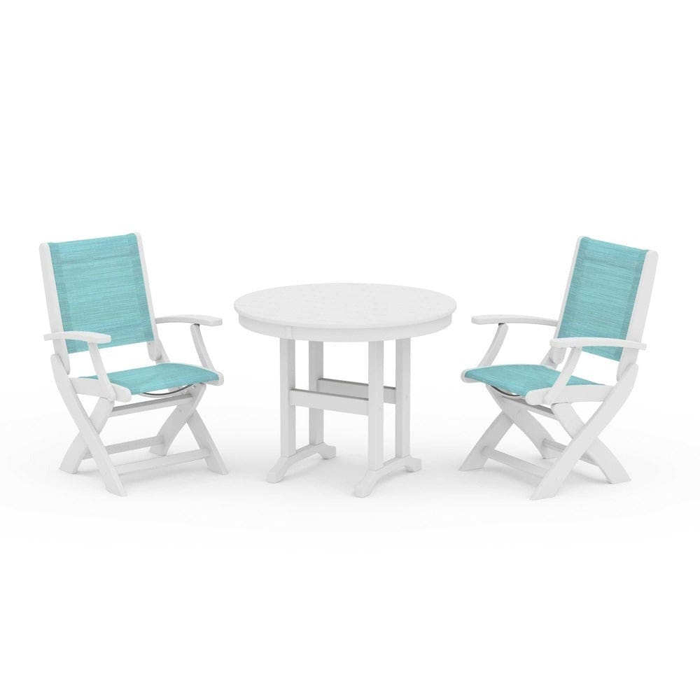 POLYWOOD® Outdoor Furniture White / Dupioni Aquamarine Sling POLYWOOD® - Coastal Folding Chair 3-Piece Round Dining Set - PWS1328