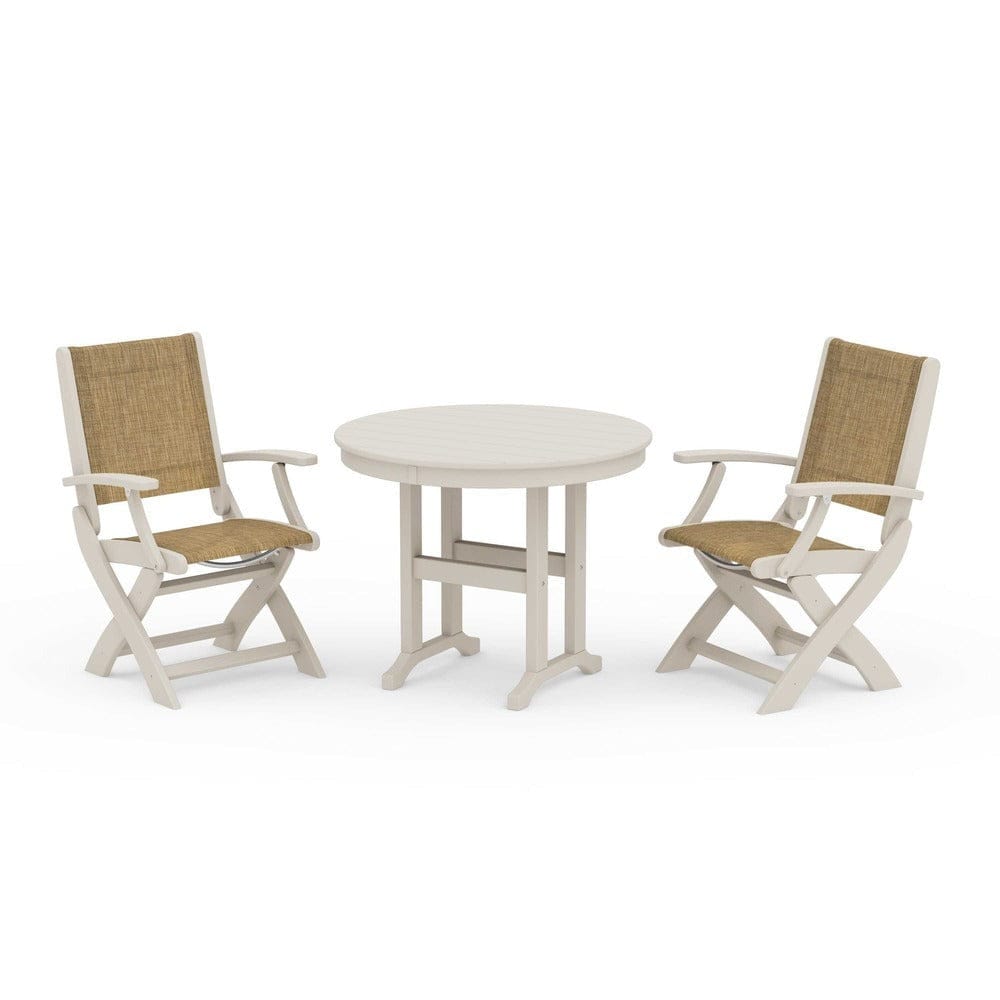 POLYWOOD® Outdoor Furniture Sand / Burlap Sling POLYWOOD® - Coastal Folding Chair 3-Piece Round Dining Set - PWS1328
