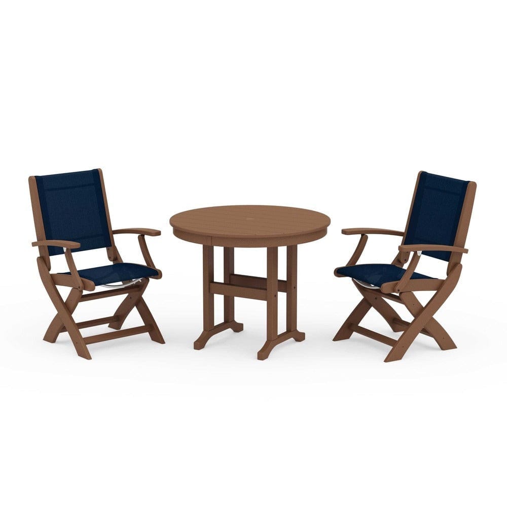 POLYWOOD® Outdoor Furniture Teak / Navy Blue Sling POLYWOOD® - Coastal Folding Chair 3-Piece Round Dining Set - PWS1328