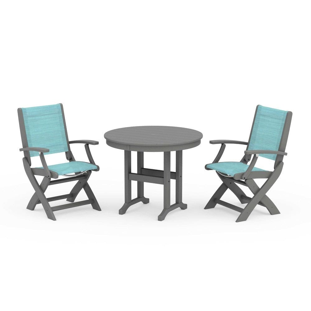 POLYWOOD® Outdoor Furniture Slate Grey / Dupioni Aquamarine Sling POLYWOOD® - Coastal Folding Chair 3-Piece Round Dining Set - PWS1328