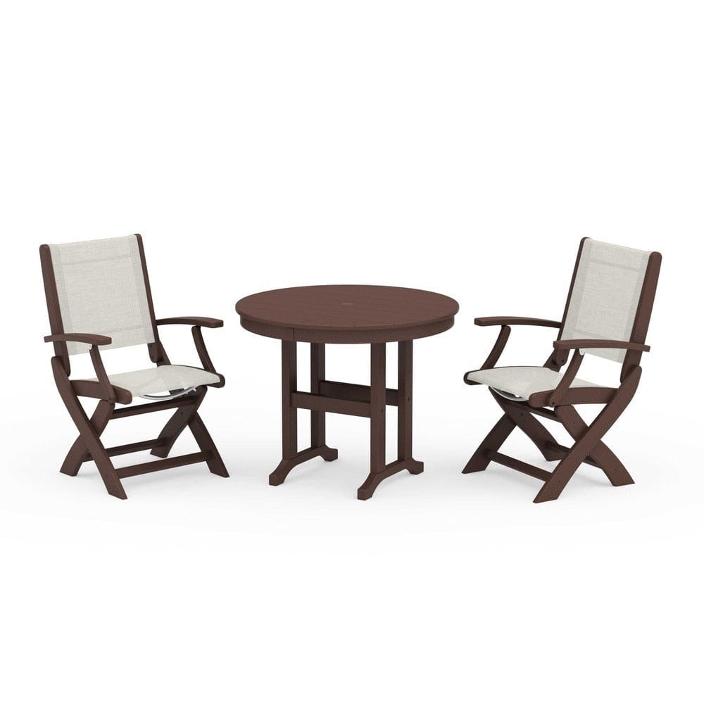 POLYWOOD® Outdoor Furniture Mahogany / Parchment Sling POLYWOOD® - Coastal Folding Chair 3-Piece Round Dining Set - PWS1328