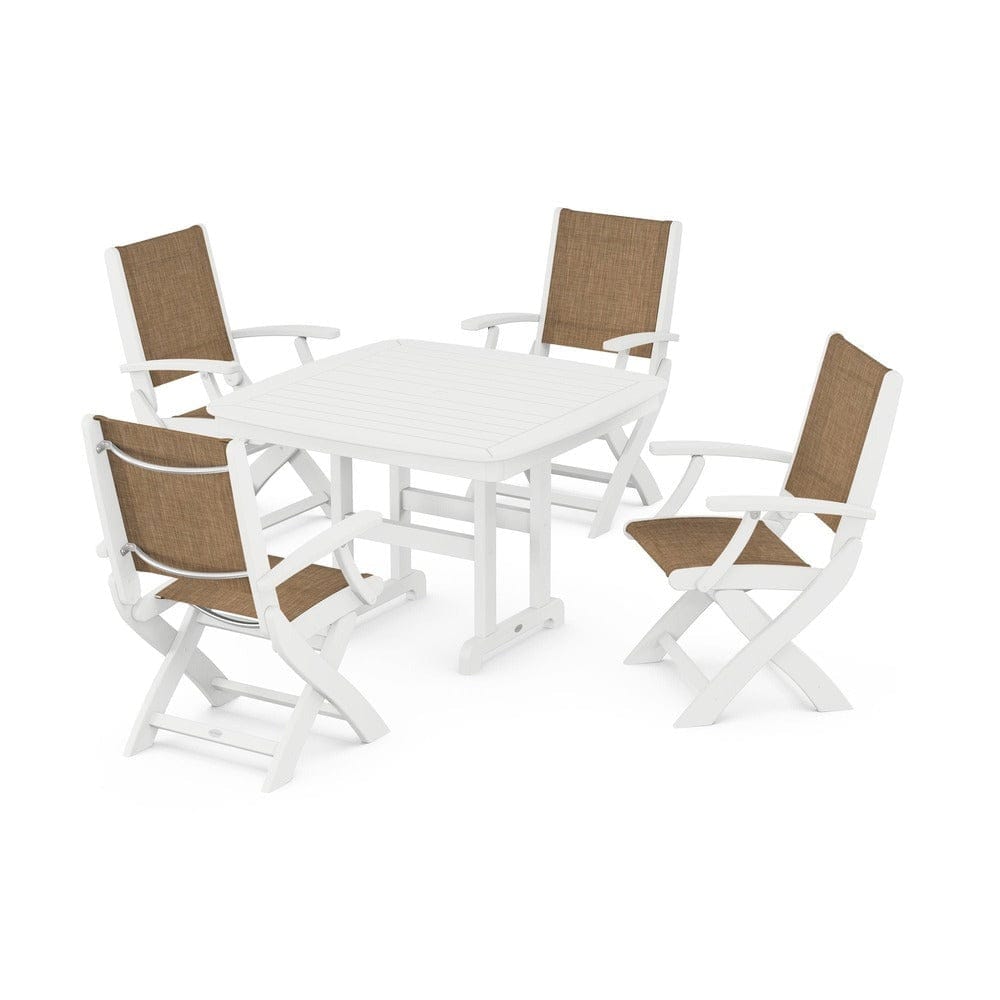POLYWOOD® Outdoor Furniture White / Burlap Sling POLYWOOD® - Coastal Folding Chair 5-Piece Dining Set - PWS915