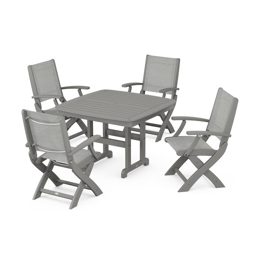 POLYWOOD® Outdoor Furniture Slate Grey / Metallic Sling POLYWOOD® - Coastal Folding Chair 5-Piece Dining Set - PWS915