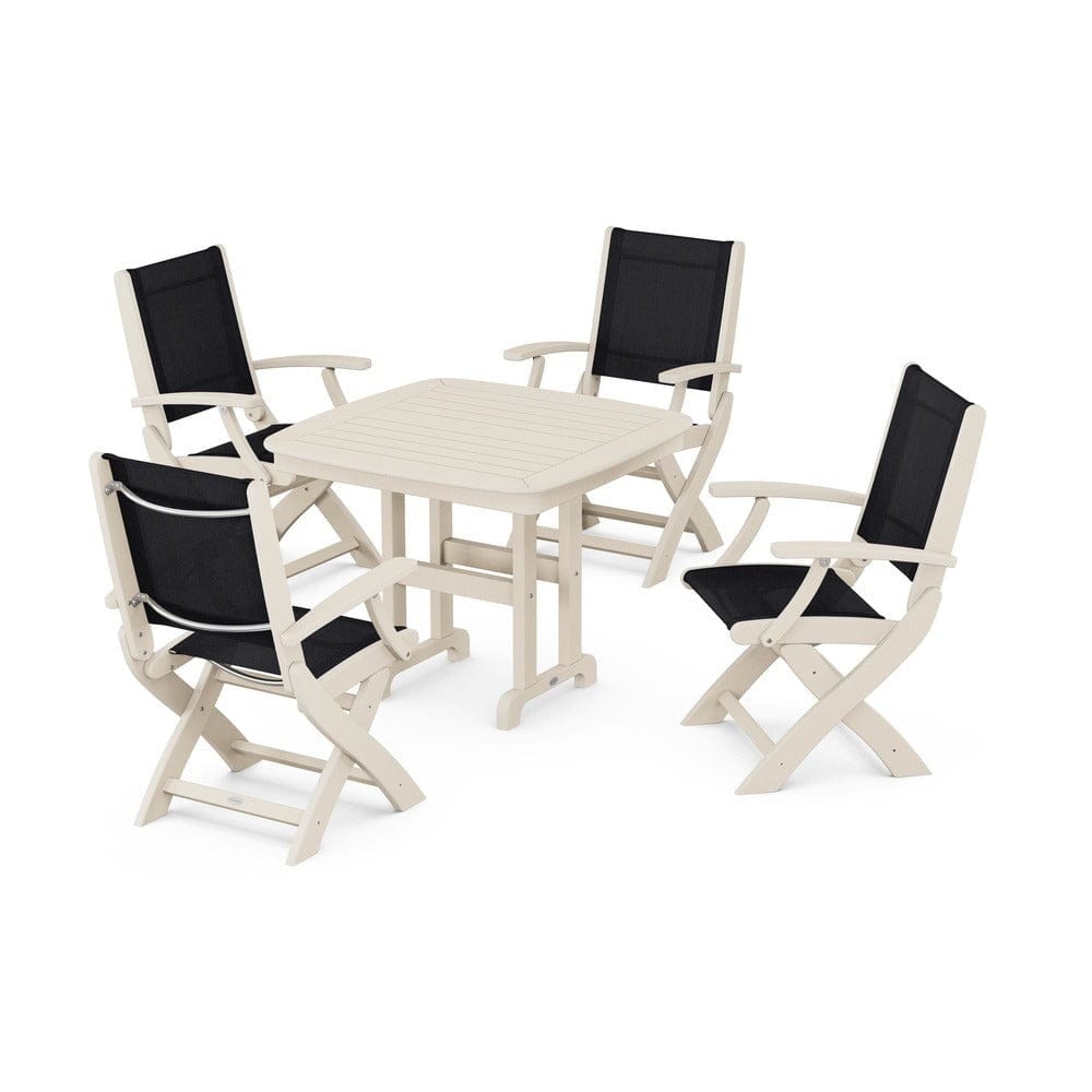 POLYWOOD® Outdoor Furniture Sand / Black Sling POLYWOOD® - Coastal Folding Chair 5-Piece Dining Set - PWS1237