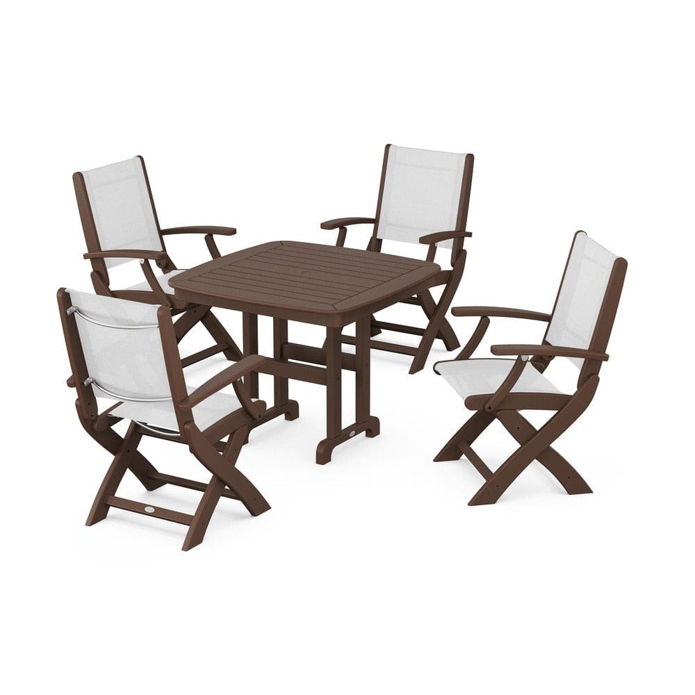 POLYWOOD® Outdoor Furniture Mahogany / White Sling POLYWOOD® - Coastal Folding Chair 5-Piece Dining Set - PWS1237