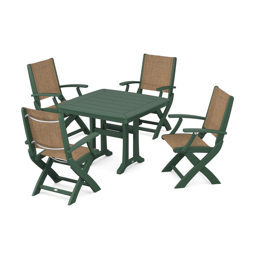 POLYWOOD® Outdoor Furniture Green / Burlap Sling POLYWOOD® - Coastal Folding Chair 5-Piece Dining Set with Trestle Legs - PWS967