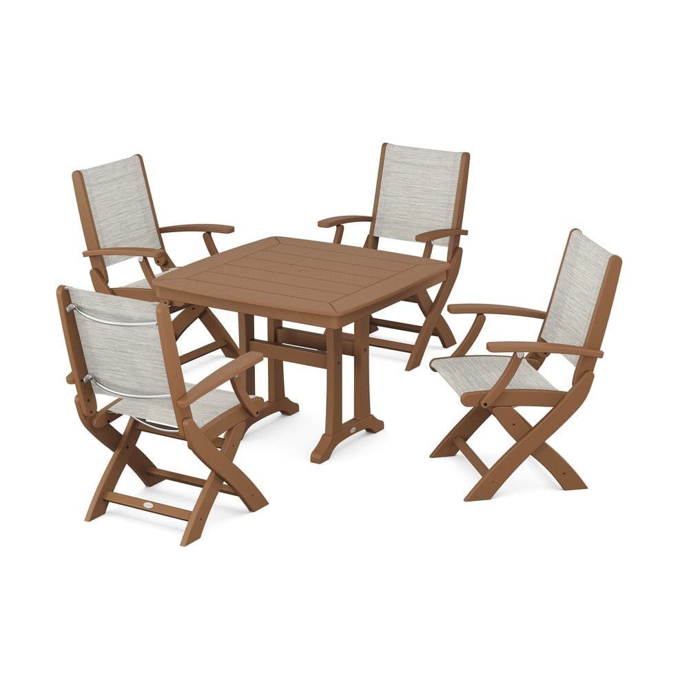 POLYWOOD® Outdoor Furniture Teak / Birch Sling POLYWOOD® - Coastal Folding Chair 5-Piece Dining Set with Trestle Legs - PWS967