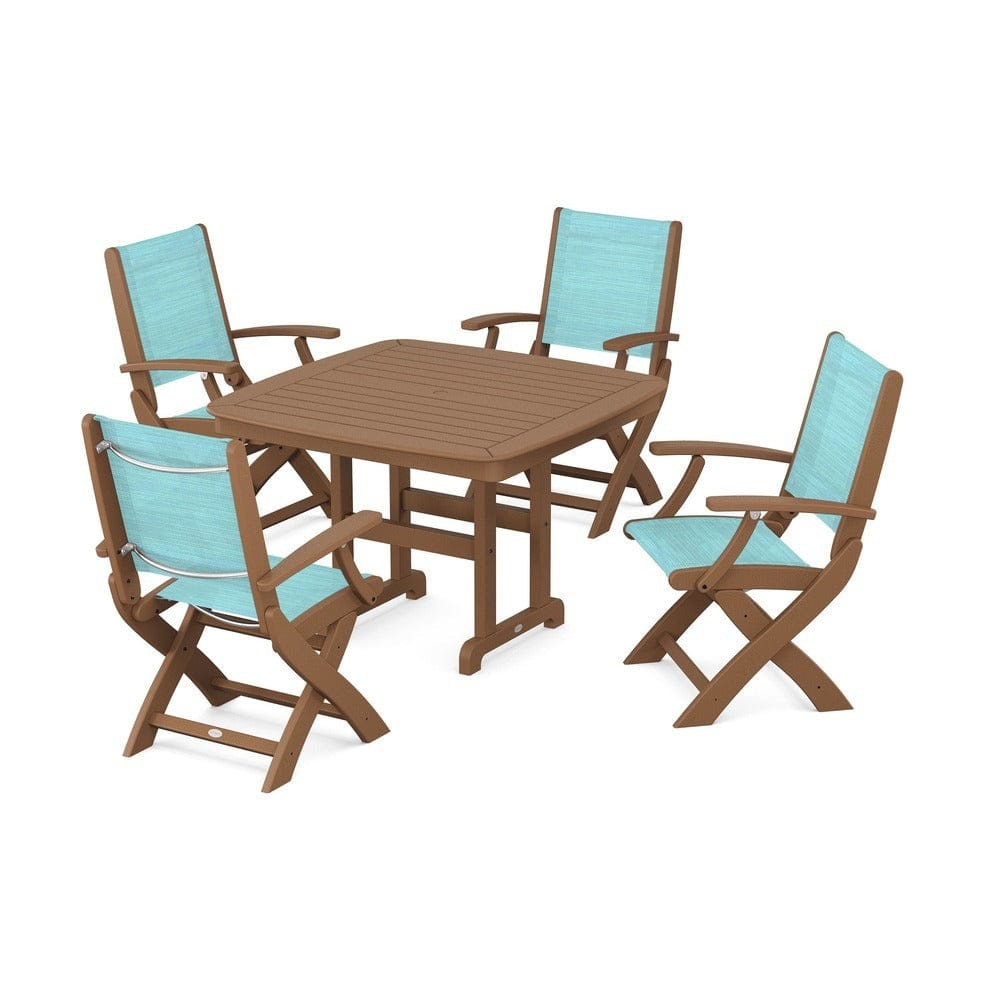 POLYWOOD® Outdoor Furniture Teak / Dupioni Aquamarine Sling POLYWOOD® - Coastal Folding Chair 5-Piece Dining Set - PWS915