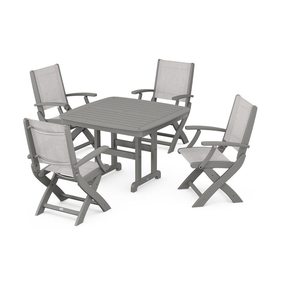 POLYWOOD® Outdoor Furniture Slate Grey / Parchment Sling POLYWOOD® - Coastal Folding Chair 5-Piece Dining Set - PWS915
