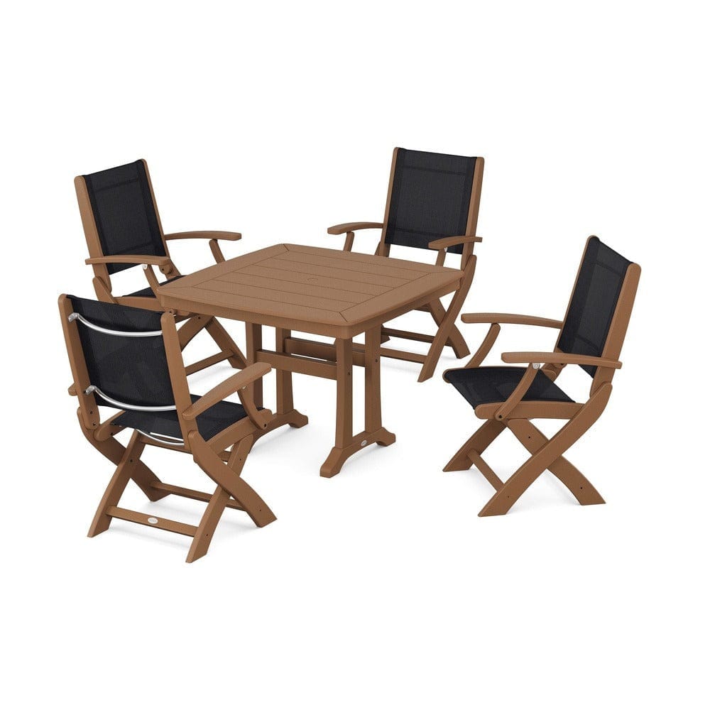 POLYWOOD® Outdoor Furniture Teak / Black Sling POLYWOOD® - Coastal Folding Chair 5-Piece Dining Set with Trestle Legs - PWS967