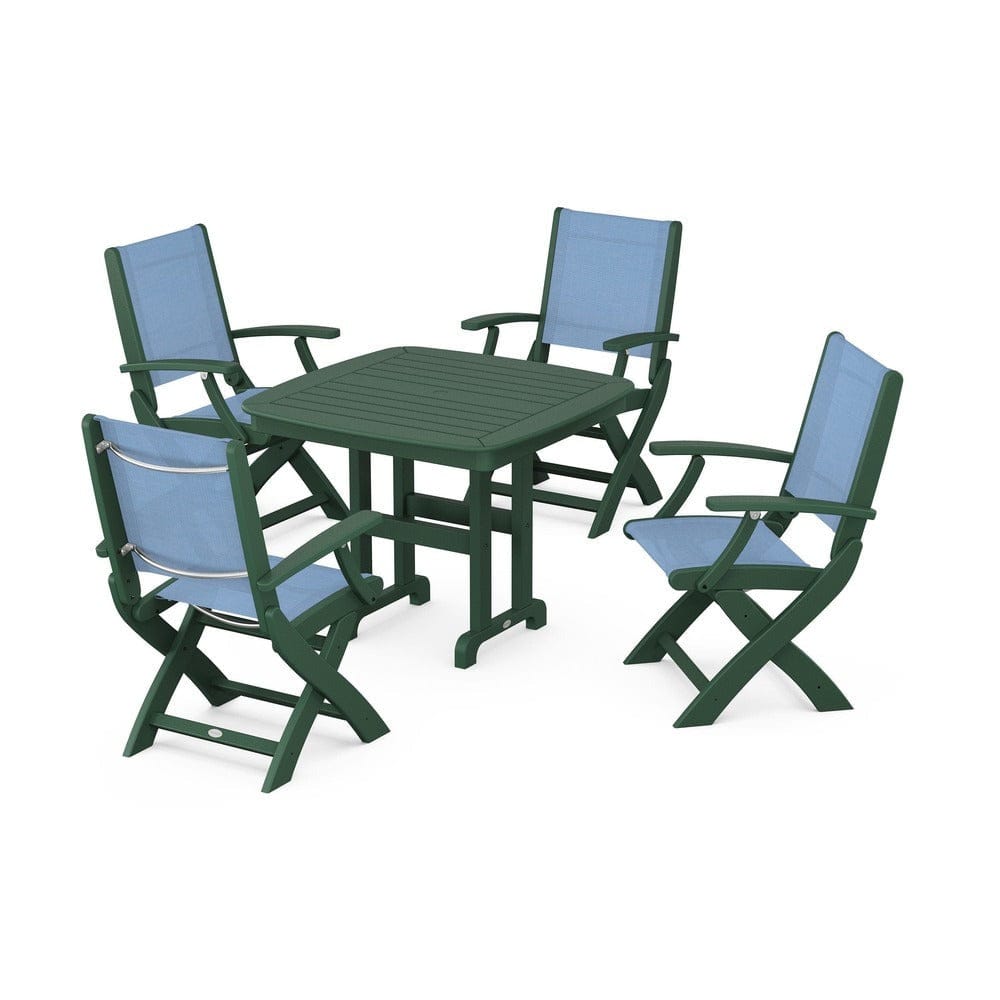 POLYWOOD® Outdoor Furniture Green / Poolside Sling POLYWOOD® - Coastal Folding Chair 5-Piece Dining Set - PWS1237