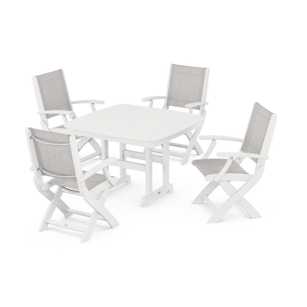 POLYWOOD® Outdoor Furniture White / Parchment Sling POLYWOOD® - Coastal Folding Chair 5-Piece Dining Set - PWS915