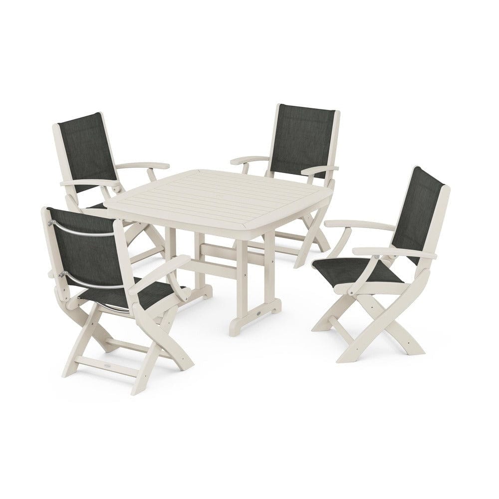 POLYWOOD® Outdoor Furniture Sand / Ember Sling POLYWOOD® - Coastal Folding Chair 5-Piece Dining Set - PWS915