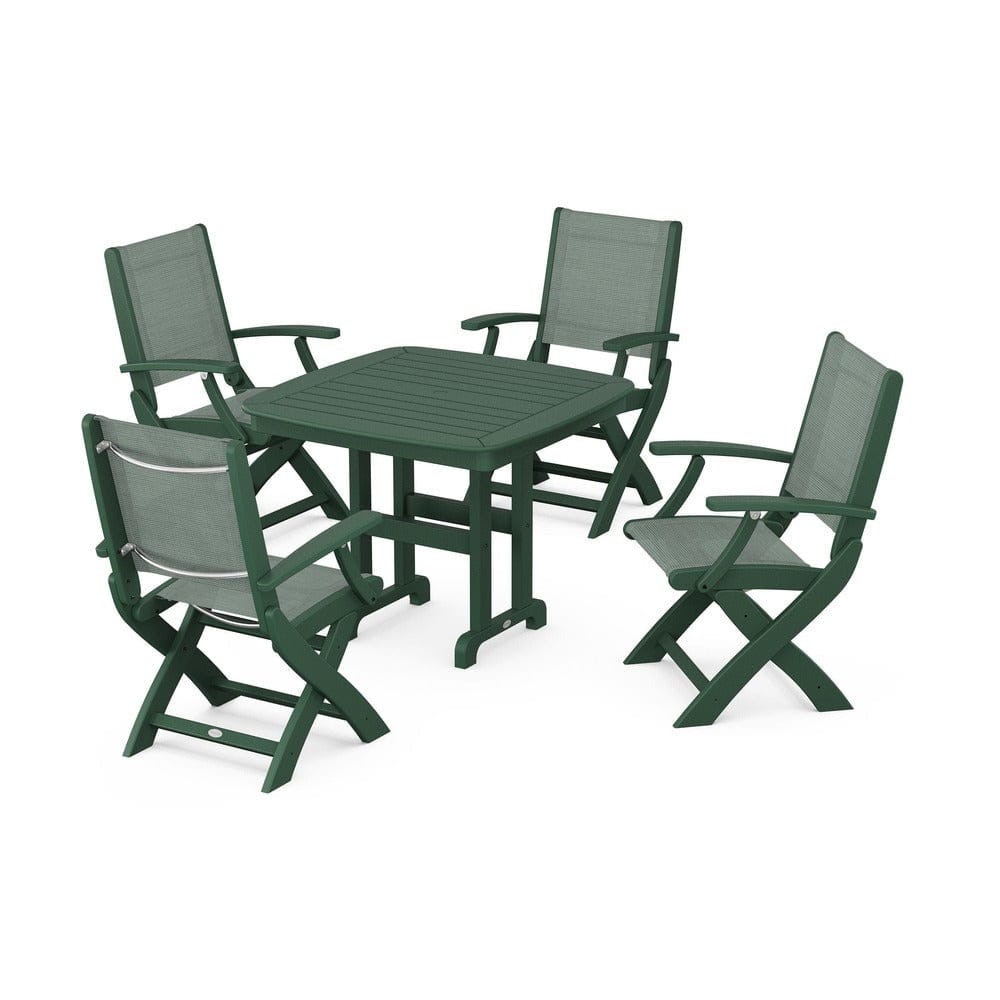 POLYWOOD® Outdoor Furniture Green / Dupioni Sea Mist Sling POLYWOOD® - Coastal Folding Chair 5-Piece Dining Set - PWS1237