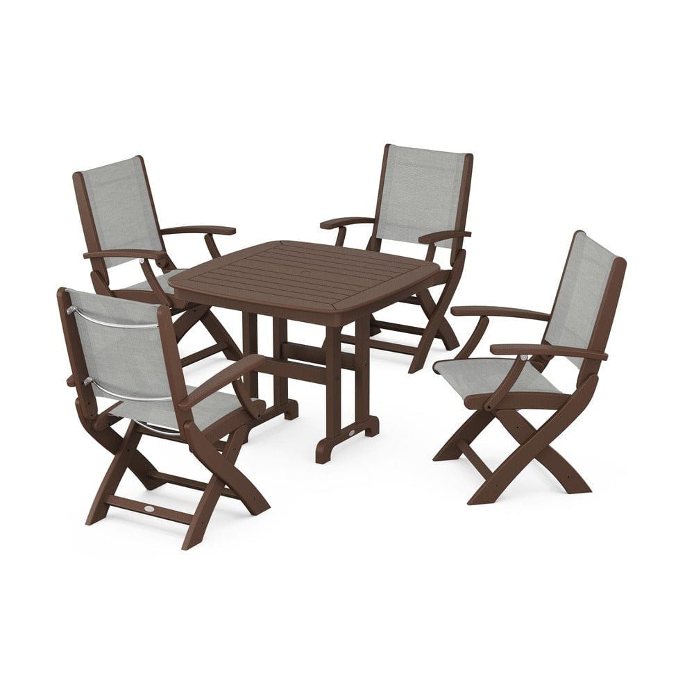 POLYWOOD® Outdoor Furniture Mahogany / Metallic Sling POLYWOOD® - Coastal Folding Chair 5-Piece Dining Set - PWS1237