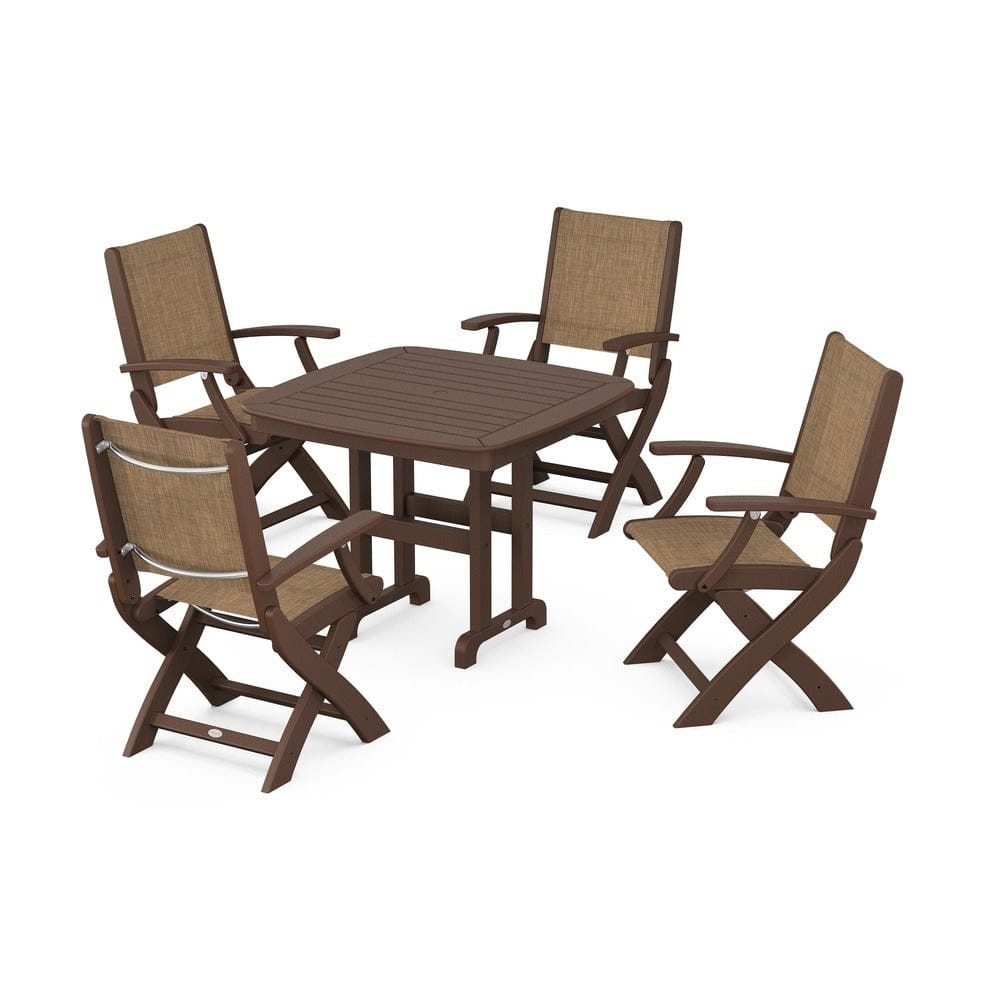 POLYWOOD® Outdoor Furniture Mahogany / Burlap Sling POLYWOOD® - Coastal Folding Chair 5-Piece Dining Set - PWS1237