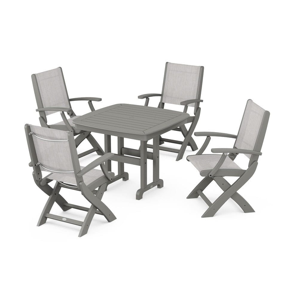 POLYWOOD® Outdoor Furniture Slate Grey / Parchment Sling POLYWOOD® - Coastal Folding Chair 5-Piece Dining Set - PWS1237