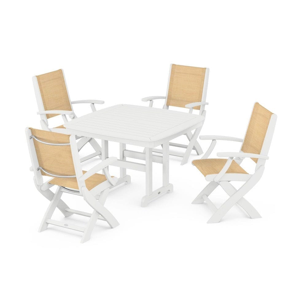 POLYWOOD® Outdoor Furniture White / Dupioni Apricot Sling POLYWOOD® - Coastal Folding Chair 5-Piece Dining Set - PWS915