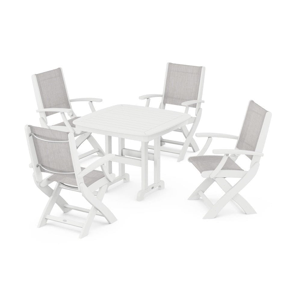 POLYWOOD® Outdoor Furniture White / Parchment Sling POLYWOOD® - Coastal Folding Chair 5-Piece Dining Set - PWS1237