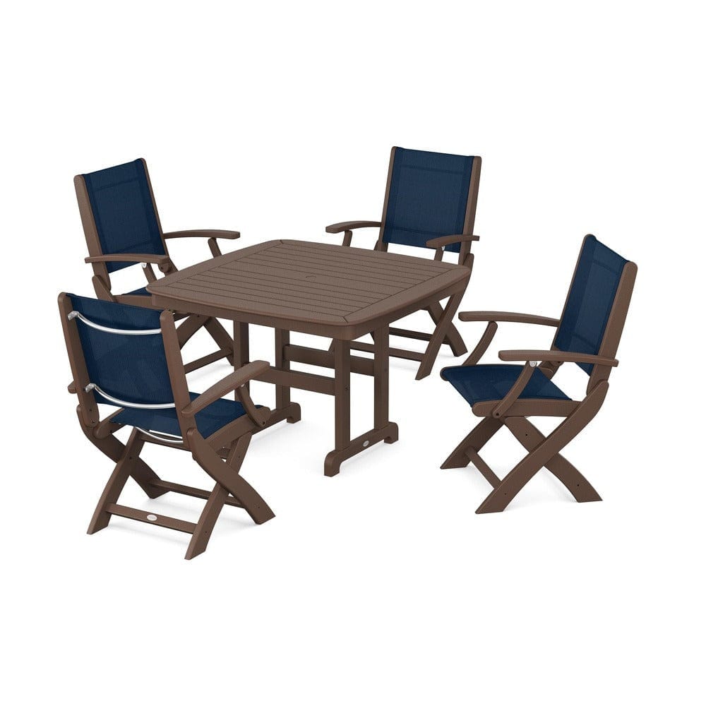 POLYWOOD® Outdoor Furniture Mahogany / Navy Blue Sling POLYWOOD® - Coastal Folding Chair 5-Piece Dining Set - PWS915