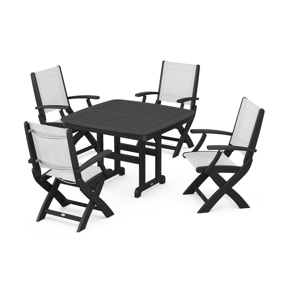 POLYWOOD® Outdoor Furniture Black / White Sling POLYWOOD® - Coastal Folding Chair 5-Piece Dining Set - PWS915