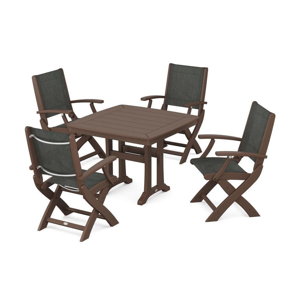 POLYWOOD® Outdoor Furniture Mahogany / Ember Sling POLYWOOD® - Coastal Folding Chair 5-Piece Dining Set with Trestle Legs - PWS967