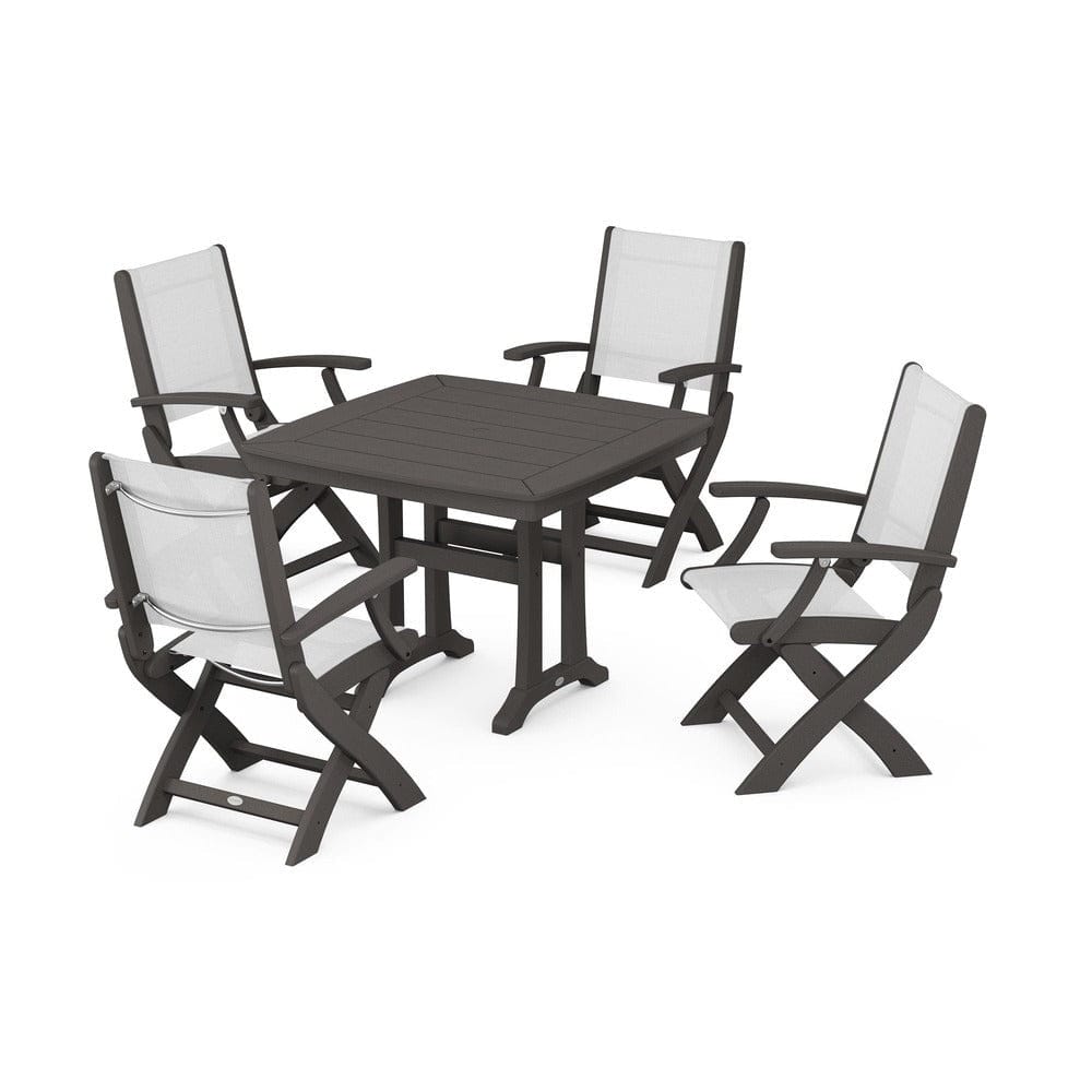 POLYWOOD® Outdoor Furniture Vintage Coffee / White Sling POLYWOOD® - Coastal Folding Chair 5-Piece Dining Set with Trestle Legs - PWS967