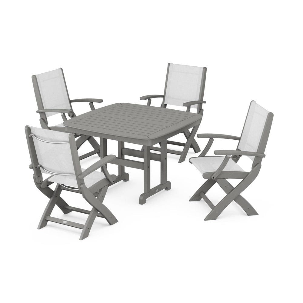 POLYWOOD® Outdoor Furniture Slate Grey / White Sling POLYWOOD® - Coastal Folding Chair 5-Piece Dining Set - PWS915