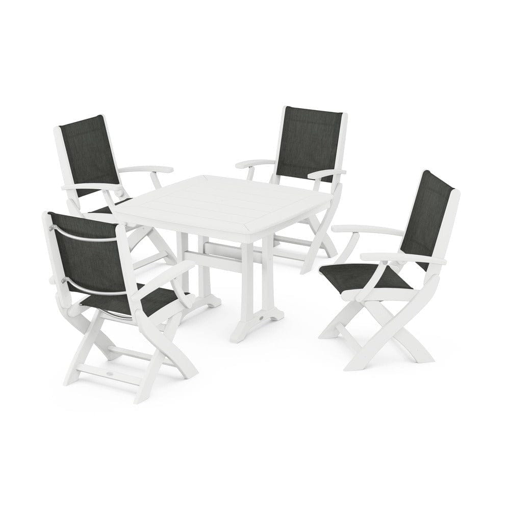 POLYWOOD® Outdoor Furniture White / Ember Sling POLYWOOD® - Coastal Folding Chair 5-Piece Dining Set with Trestle Legs - PWS967