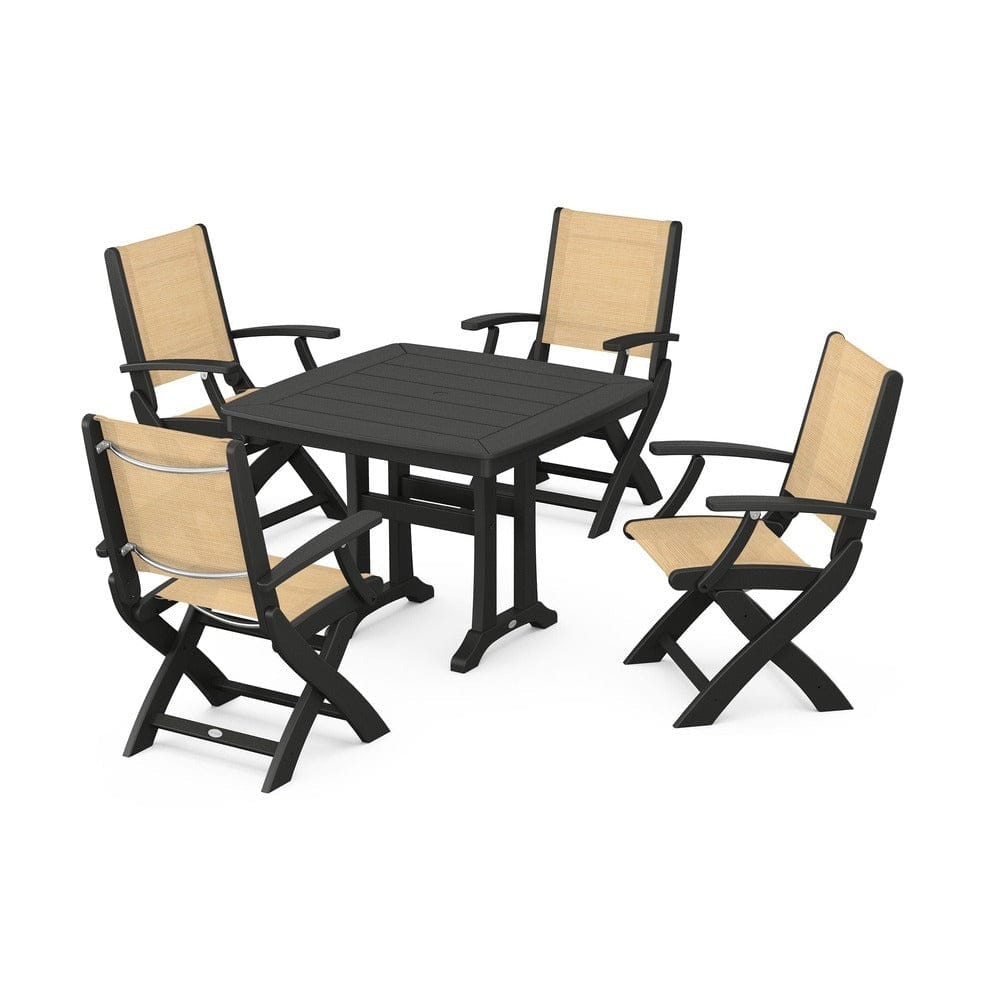 POLYWOOD® Outdoor Furniture Black / Dupioni Apricot Sling POLYWOOD® - Coastal Folding Chair 5-Piece Dining Set with Trestle Legs - PWS967