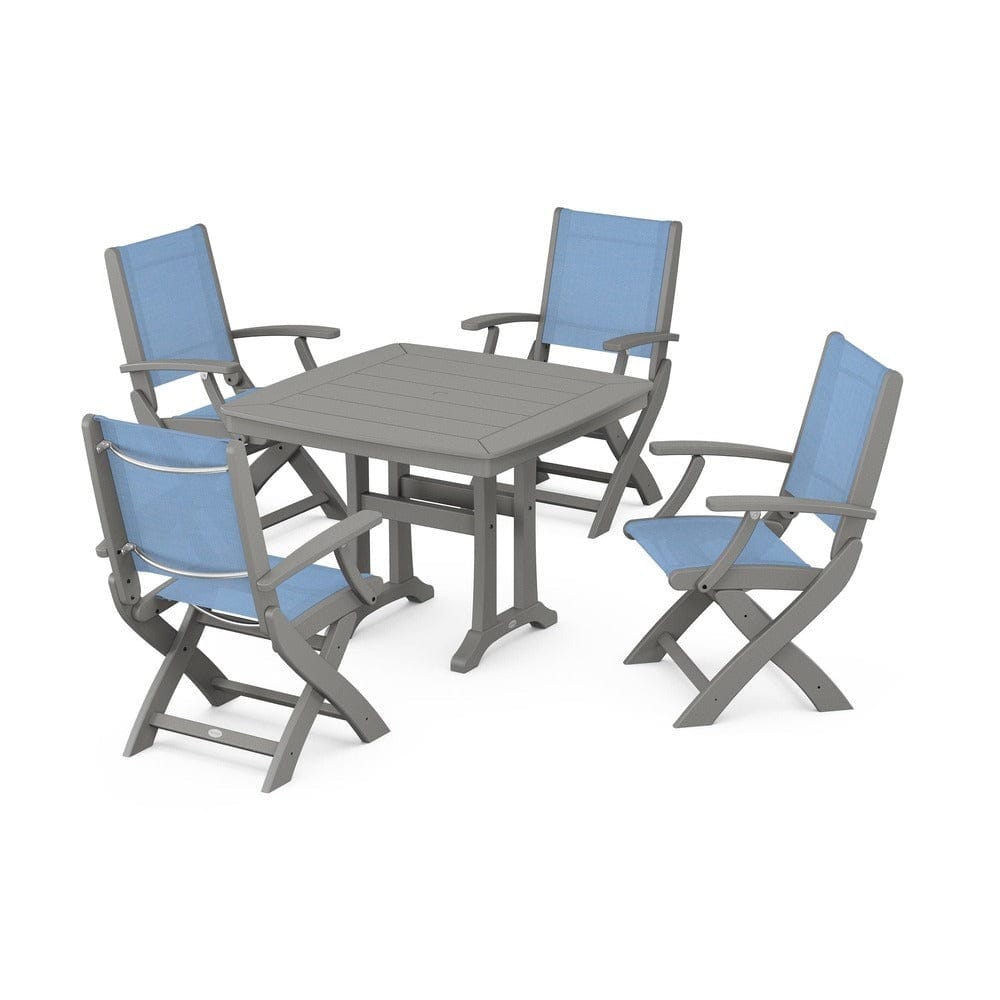 POLYWOOD® Outdoor Furniture Slate Grey / Poolside Sling POLYWOOD® - Coastal Folding Chair 5-Piece Dining Set with Trestle Legs - PWS967