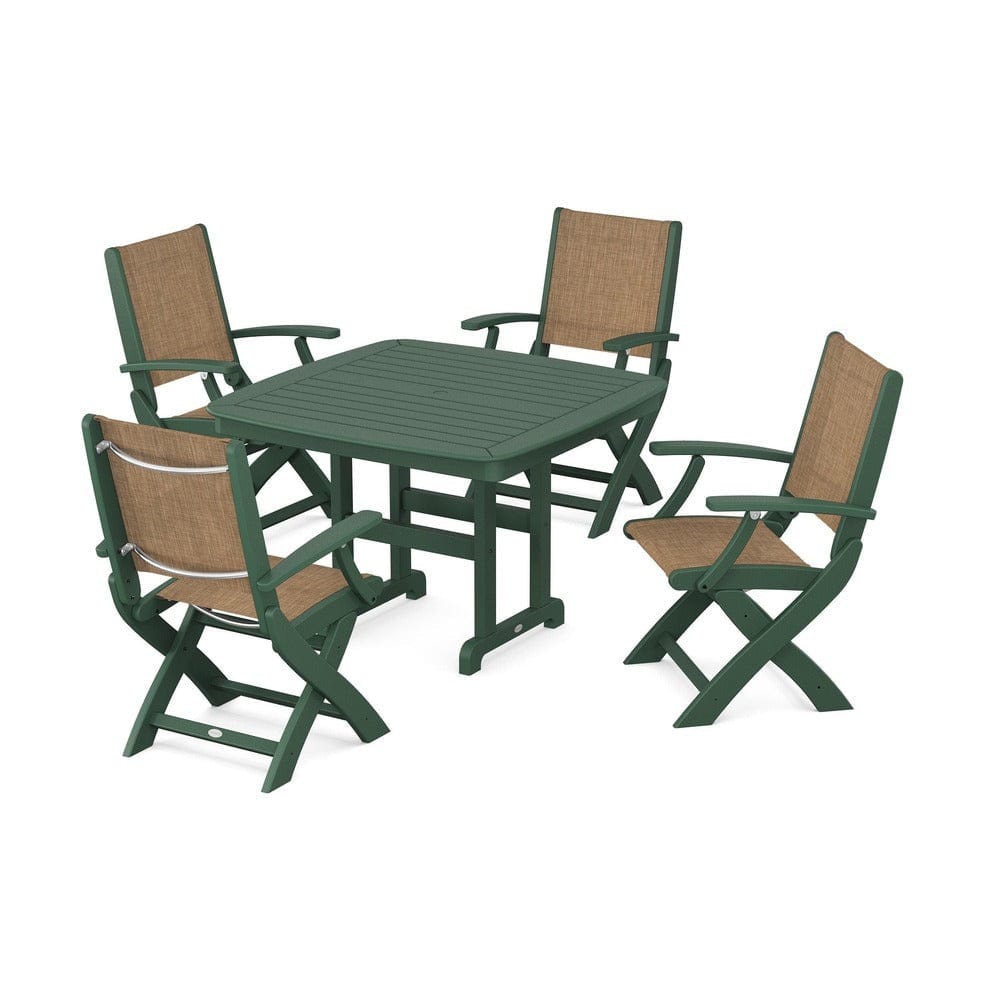 POLYWOOD® Outdoor Furniture Green / Burlap Sling POLYWOOD® - Coastal Folding Chair 5-Piece Dining Set - PWS915