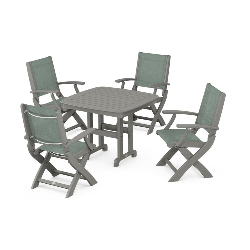 POLYWOOD® Outdoor Furniture Slate Grey / Dupioni Sea Mist Sling POLYWOOD® - Coastal Folding Chair 5-Piece Dining Set - PWS1237