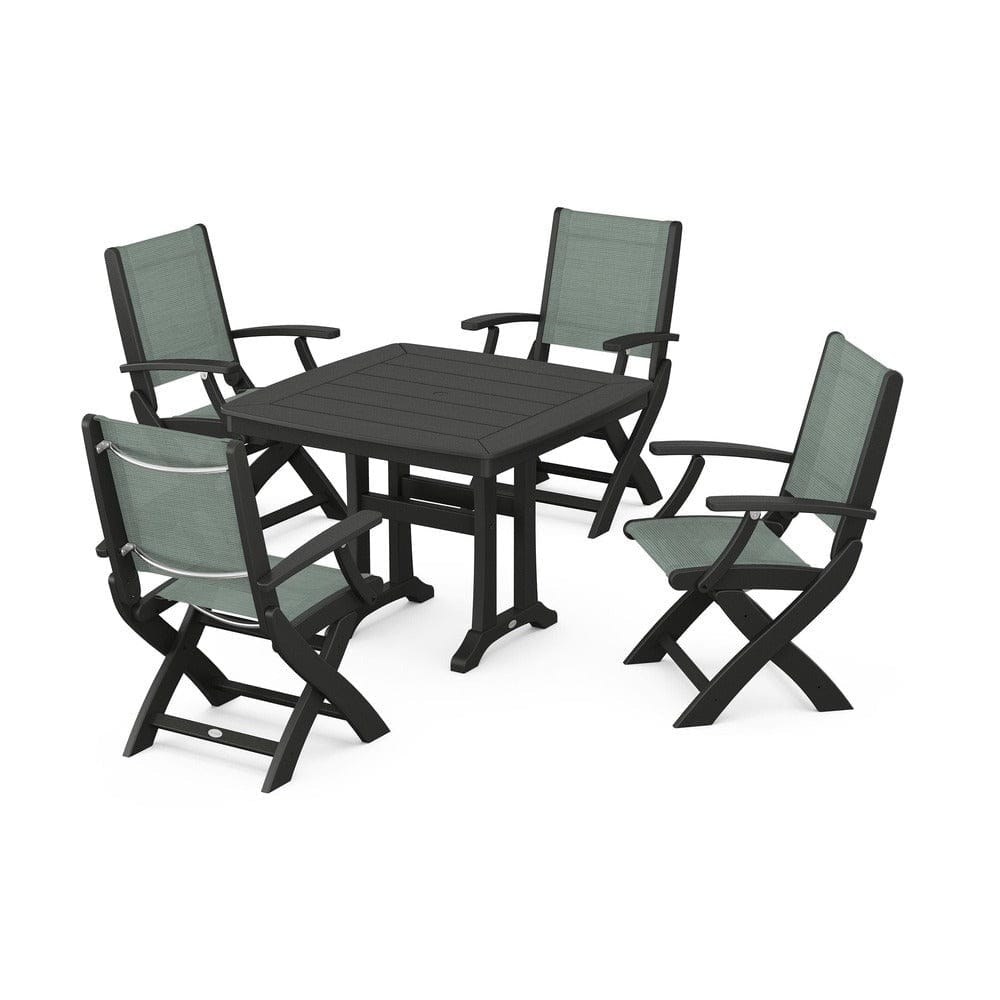 POLYWOOD® Outdoor Furniture Black / Dupioni Sea Mist Sling POLYWOOD® - Coastal Folding Chair 5-Piece Dining Set with Trestle Legs - PWS967