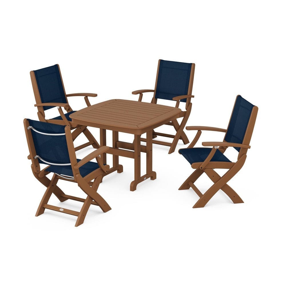 POLYWOOD® Outdoor Furniture Teak / Navy Blue Sling POLYWOOD® - Coastal Folding Chair 5-Piece Dining Set - PWS1237