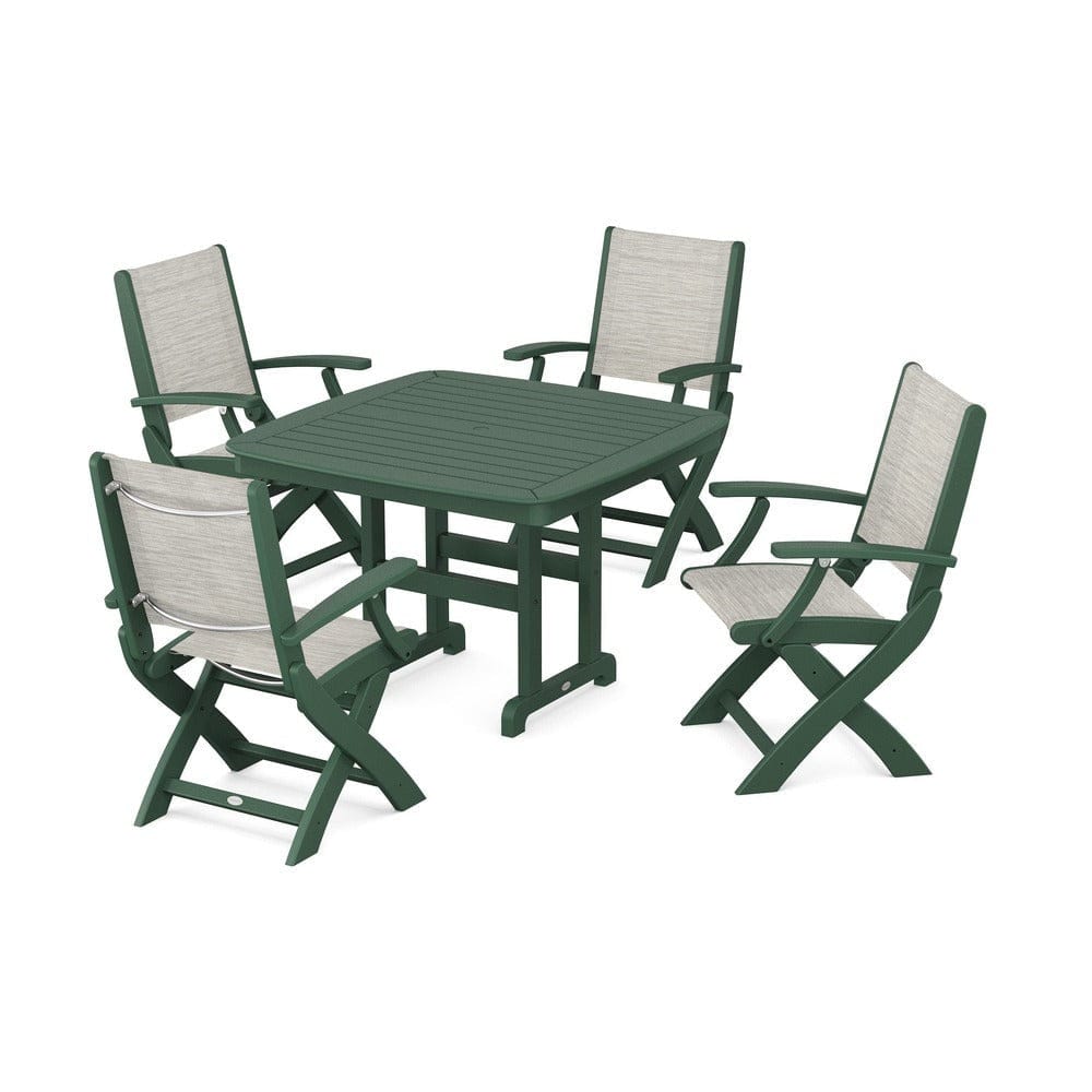 POLYWOOD® Outdoor Furniture Green / Birch Sling POLYWOOD® - Coastal Folding Chair 5-Piece Dining Set - PWS915